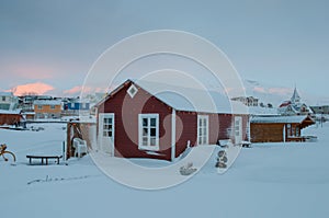 Red house on island of Hrisey in Iceland