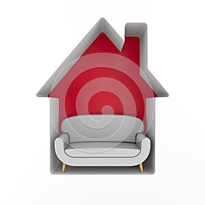 Red house and leather sofa on white background. Isolated 3D illustration