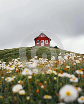 Red House on Lush Green Hillside