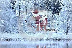 Red house near forest . Misty winter panorama.