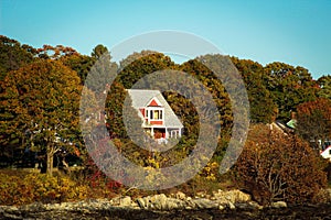 a red house is near the ocean with trees and bushes