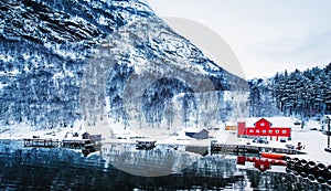 Red house in Norwegian Fjord