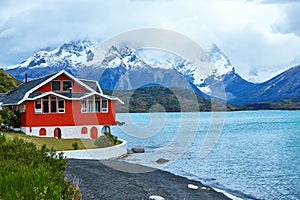 Red house on Pehoe lake in Torres del Paine