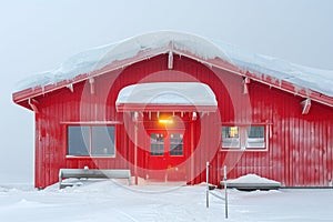 Red house in a snow-covered area
