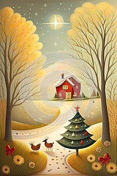 A red house with a snow-covered roof, an elegant Christmas tree, fancy deer and ever-yellow trees. Christmas card. Surreal,