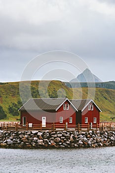 Red houses in Norway scandinavian landscape traditional wooden architecture