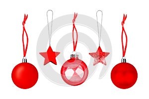 Red ÃÂ¡hristmas tree decorations set white background isolated closeup, hanging glass balls stars New Year holiday design