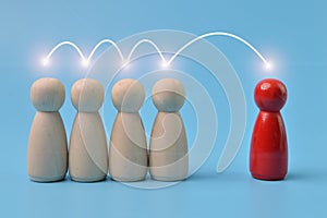 The red human figure is connected by lines with four peoples. Business management, leadership, teamwork, cooperation and