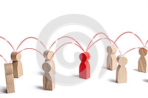 Red human figure in contact with surrounding persons. Cooperation collaboration, teamwork. Role intermediary mediator, leader, photo