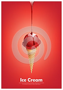 Red ice cream cone, Pour red syrup, strawberry raspberry fruit flavor, Vector illustration