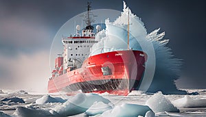 Red icebreaker in the middle of Arctic ocean