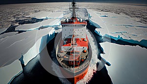 Red icebreaker in the middle of Arctic ocean