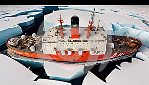 Red icebreaker in the middle of Arctic ocean