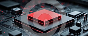Red Illuminated Central Processing Unit on Black Circuit Board.