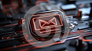 Illuminated red email button on computer keyboard, a symbol of digital communication