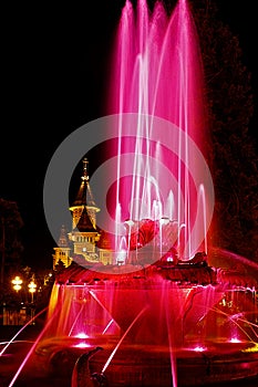 Red illuminated fountain on the Plaza Opera in Timisoara 4