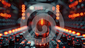 Red illuminated microphone with blurred audio mixer background
