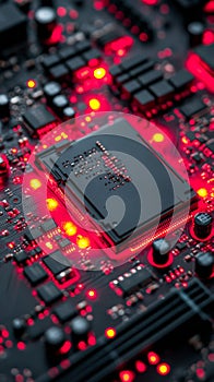 Red illuminated microprocessor on circuit board showcasing advanced technology and design