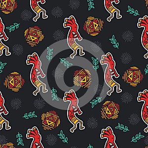 Red indian man playing music on pipe and ritually dancing on ethical pattern background. Seamless pattern redskin man