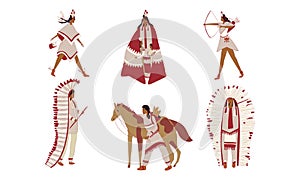 Red Indians Wearing Broad Clothing with Feathers Vector Set