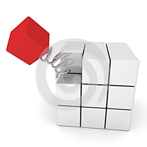 Red individual cube jumping on spring out of group