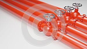 Red industrial pipelines with valves on white background. Digital render image.