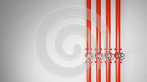 Red industrial pipelines with valves on white background. Digital render image.