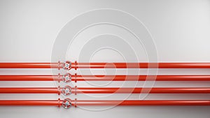 Red industrial pipelines with valves on white background. Digital render image.