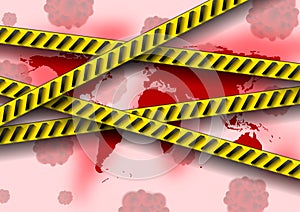 Red infected world and orange danger tapes abstract background