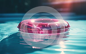 Red inflatable ring floating in swimming pool. Summer holiday concept. Generative AI