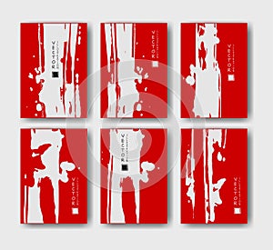 Red ink brush stroke on white background. Japanese style. Vector illustration grunge stains. Brushes illustration.