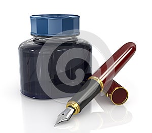 Red ink pen with a jar of ink