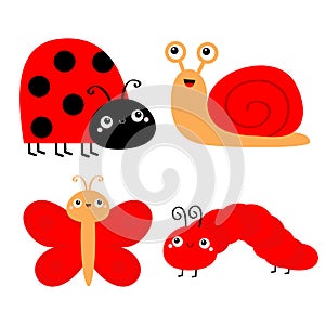 Red insect icon set. Butterfly, caterpillar, ladybug, ladybird, snail, lady bug. Cute cartoon kawaii funny character. Smiling face