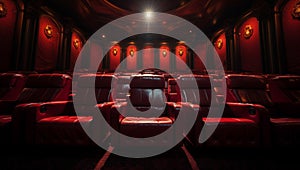 Red interior seat empty theatre entertainment cinema indoor audience auditorium movie hall film nobody