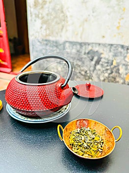 Red iron asian tea set