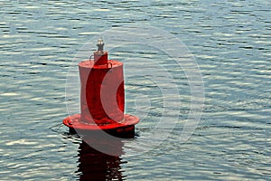 Red iron buoy in the water of the river