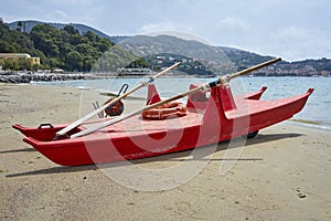 Red Italian Rescue Boat Stationed At The Beach