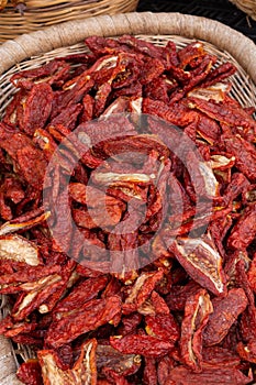 Red Italian sun dried tomatoes on Italian street market