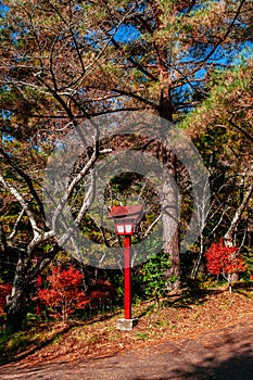 Red Japanese lamp at Chureito Pagoda walking trail Arakurayama Sengen Park - Fujiyoshida photo