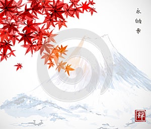 Red japanese maple leaves and Fujiyama mountain. Traditional Japanese ink wash painting sumi-e. Autumn illustration