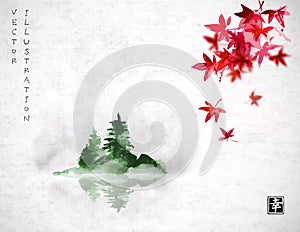 Red japanese maple leaves and island with green pine trees in fog. Traditional oriental ink painting sumi-e, u-sin, go