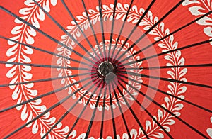 Red japanese umbrella with pattern background. Symbol of protection. Traditional and culture design