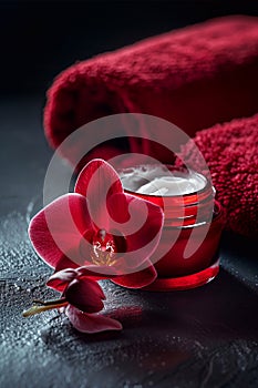 red jar with cream with towel and orchids photo