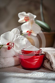 red jar with cream with towel and orchids photo