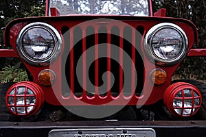Red jeep - antique Jeep grille and headlights - antique jeep front photo