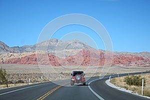 Red jeep, road, scenery