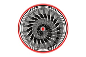 Red jet engine, front view. 3D rendering