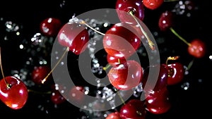 Red juicy cherries bounce up with splashes of water