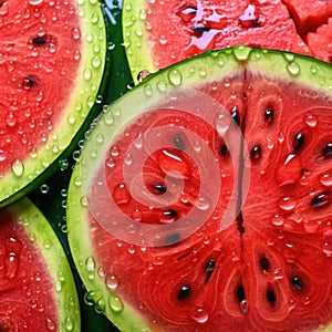 Red and juicy pulp of ripe watermelon close-up with black seeds inside