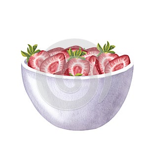 Red juicy strawberries, bowl. Healthy diet. Hand drawn watercolor illustration isolated on white background. Design